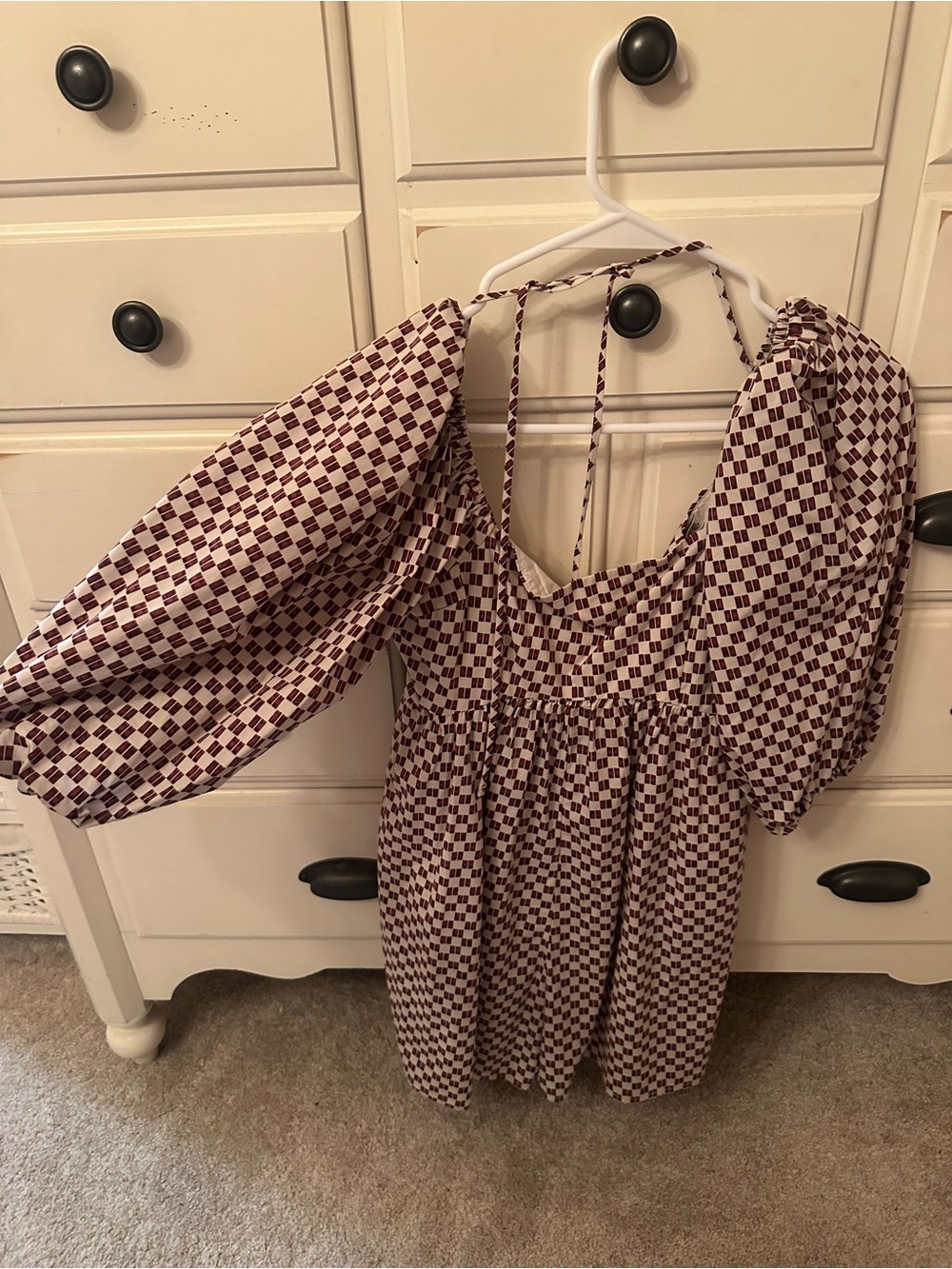 Abercrombie & Fitch Burgundy and White Checkered Puff-Sleeve Romper